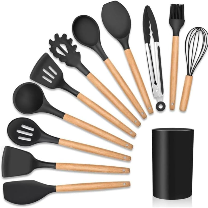 Kit Chef Elegance: 10 Utensílios de Cozinha em Silicone com cabo de Madeira e de BRINDE ganhe um Pegador de Salada e um Porta Utensílios