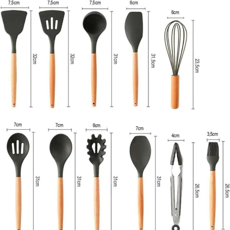 Kit Chef Elegance: 10 Utensílios de Cozinha em Silicone com cabo de Madeira e de BRINDE ganhe um Pegador de Salada e um Porta Utensílios