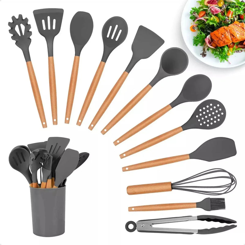 Kit Chef Elegance: 10 Utensílios de Cozinha em Silicone com cabo de Madeira e de BRINDE ganhe um Pegador de Salada e um Porta Utensílios