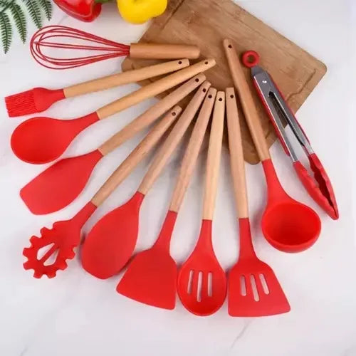 Kit Chef Elegance: 10 Utensílios de Cozinha em Silicone com cabo de Madeira e de BRINDE ganhe um Pegador de Salada e um Porta Utensílios