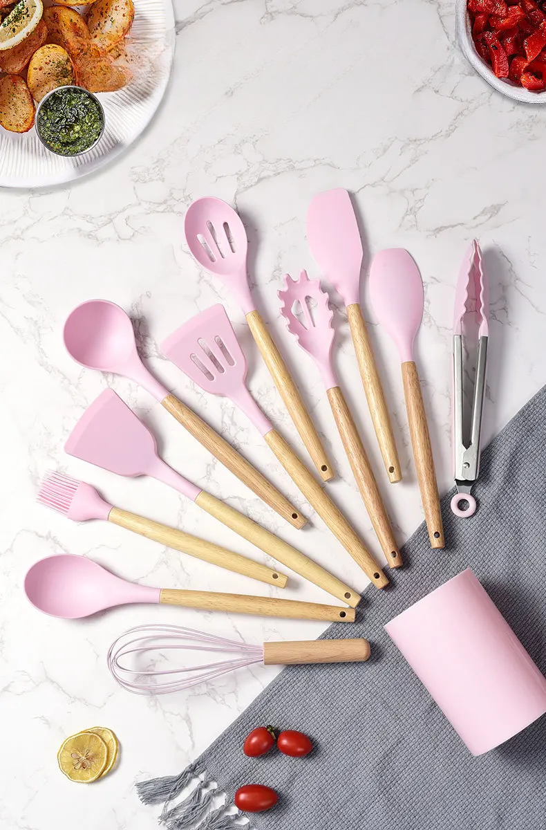 Kit Chef Elegance: 10 Utensílios de Cozinha em Silicone com cabo de Madeira e de BRINDE ganhe um Pegador de Salada e um Porta Utensílios