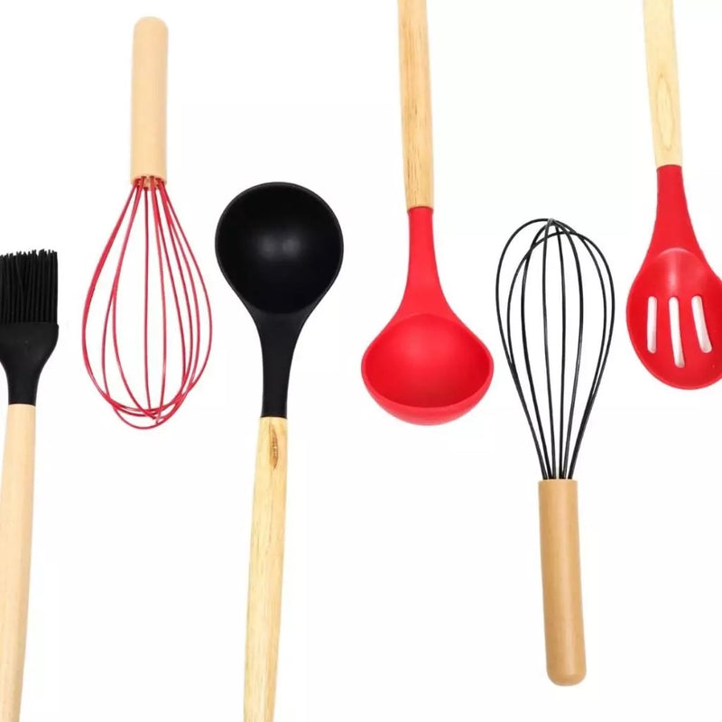 Kit Chef Elegance: 10 Utensílios de Cozinha em Silicone com cabo de Madeira e de BRINDE ganhe um Pegador de Salada e um Porta Utensílios