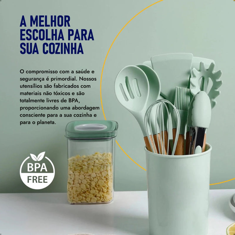 Kit Chef Elegance: 10 Utensílios de Cozinha em Silicone com cabo de Madeira e de BRINDE ganhe um Pegador de Salada e um Porta Utensílios