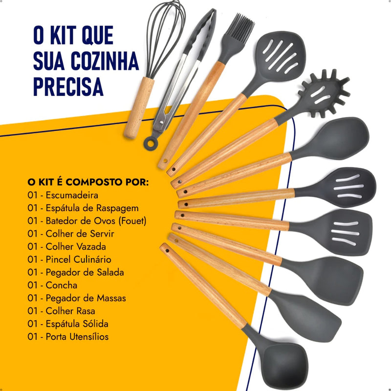 Kit Chef Elegance: 10 Utensílios de Cozinha em Silicone com cabo de Madeira e de BRINDE ganhe um Pegador de Salada e um Porta Utensílios