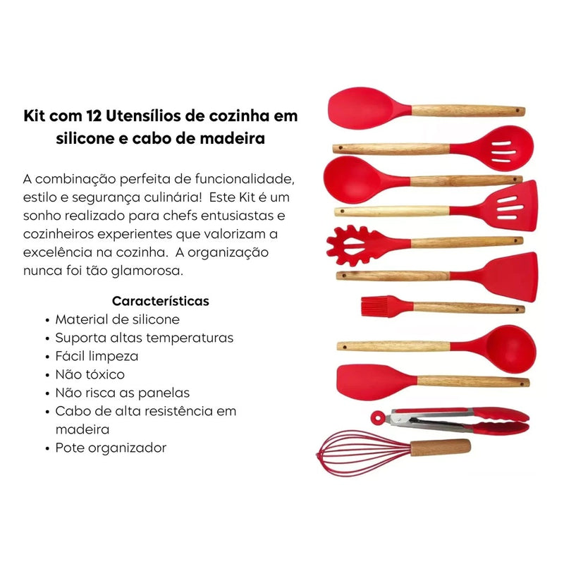 Kit Chef Elegance: 10 Utensílios de Cozinha em Silicone com cabo de Madeira e de BRINDE ganhe um Pegador de Salada e um Porta Utensílios