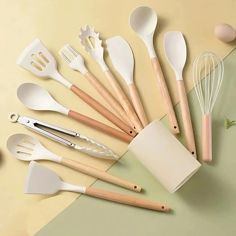 Kit Chef Elegance: 10 Utensílios de Cozinha em Silicone com cabo de Madeira e de BRINDE ganhe um Pegador de Salada e um Porta Utensílios