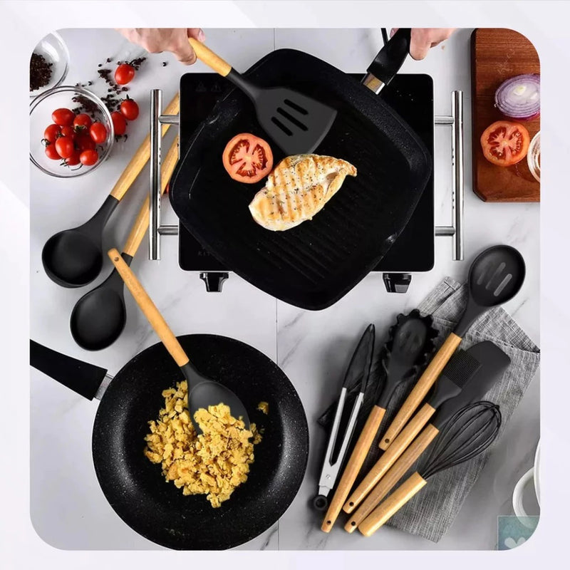 Kit Chef Elegance: 10 Utensílios de Cozinha em Silicone com cabo de Madeira e de BRINDE ganhe um Pegador de Salada e um Porta Utensílios