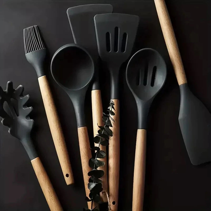 Kit Chef Elegance: 10 Utensílios de Cozinha em Silicone com cabo de Madeira e de BRINDE ganhe um Pegador de Salada e um Porta Utensílios