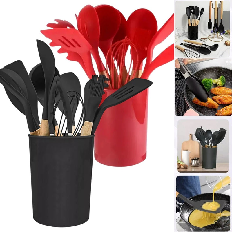 Kit Chef Elegance: 10 Utensílios de Cozinha em Silicone com cabo de Madeira e de BRINDE ganhe um Pegador de Salada e um Porta Utensílios